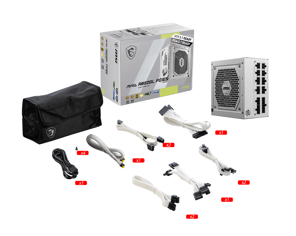 Блок питания MSI  850W, MAG A850GL PCIE5 WHITE, Full Modular, ATX, 80+ GOLD, >90%, Fan 120mm, Белый