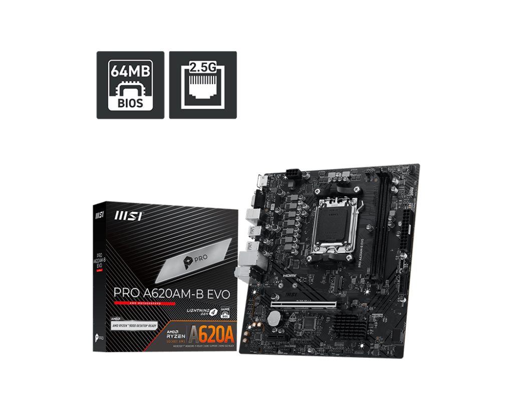 Материнская плата MSI PRO A620AM-B EVO AM5 2xDDR5 4xSATA3 RAID M.2 1xD-Sub 1xHDMI GLAN mATX