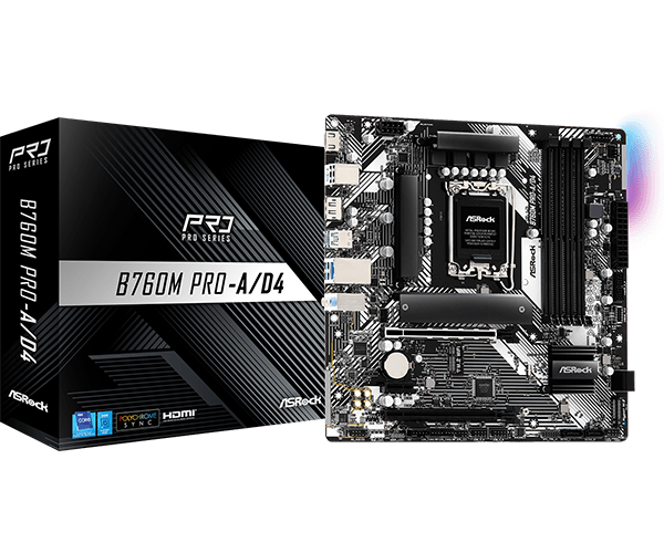 Материнская плата ASRock B760M PRO-A/D4 LGA1700 4xDDR4 4xSATA RAID 2xM.2 Type-C HDMI DP mATX