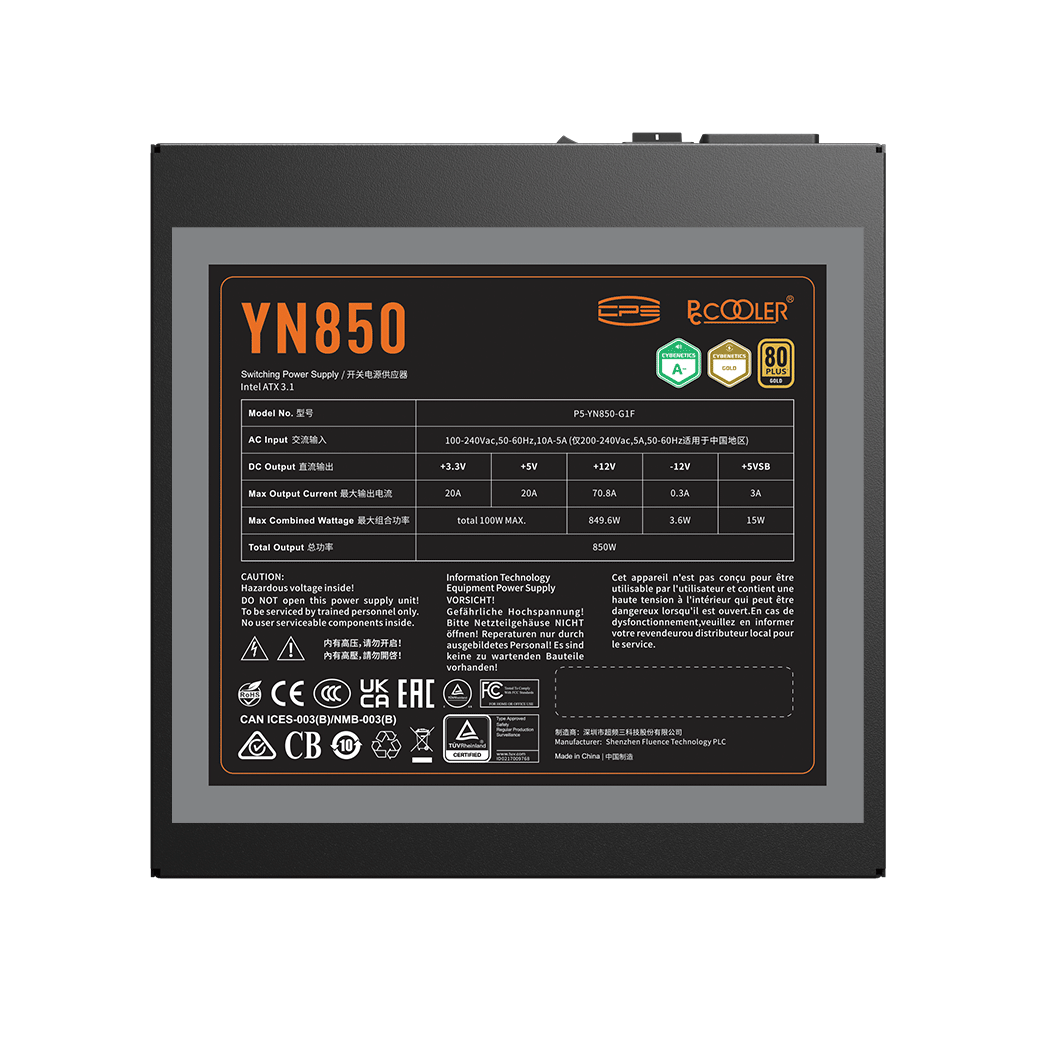 Блок питания PCCooler  850W, YN850, Full Modular, 80+ GOLD, ≥90.5%, Fan 135mm, Черный, P5-YN850-G1F