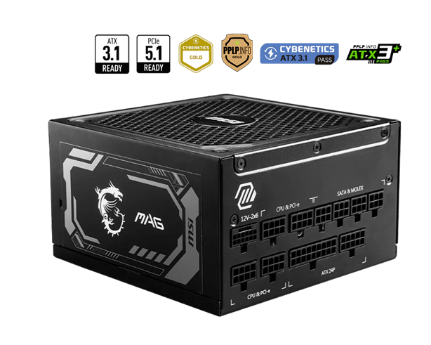 Блок питания MSI 1250W, MAG A1250GL PCIE5, Full Modular, ATX, 80+ GOLD, КПД >90%, Fan 135mm, Черный