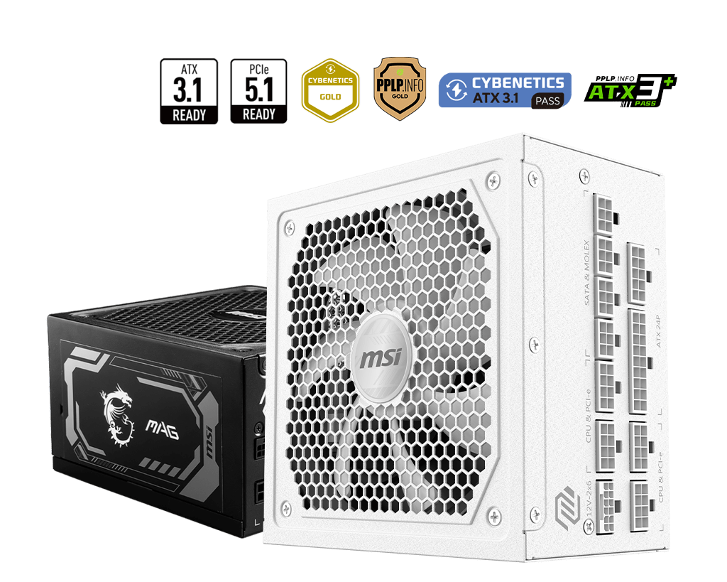 Блок питания MSI 1000W, MAG A1000GL PCIE5 WHITE, Full Modular, ATX, 80+ GOLD, 90%, Fan 135mm, Белый