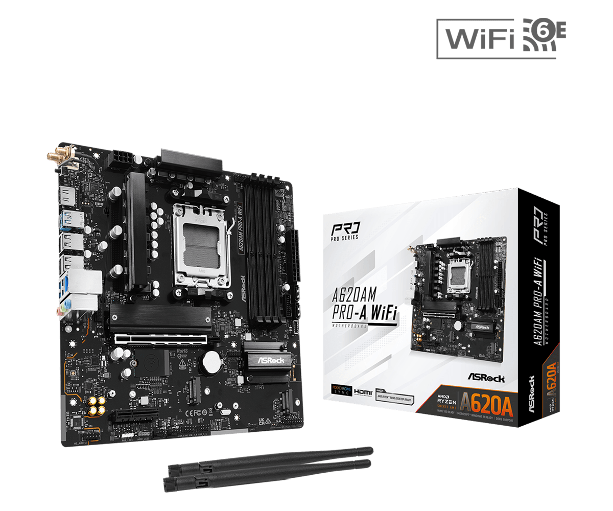 Материнская плата ASRock A620AM PRO-A WIFI AM5 4xDDR5 2xSATA3 RAID 3xM.2 Type-C HDMI WiFi6E mATX