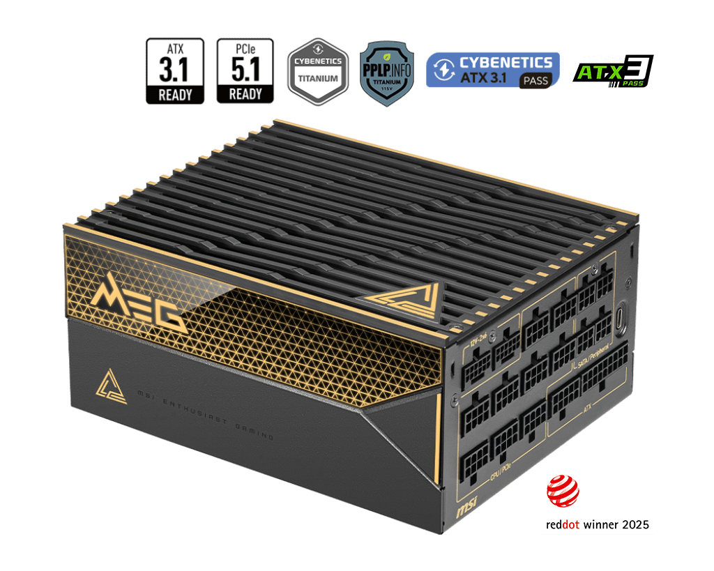 Блок питания MSI 1600W, MEG Ai1600T PCIE5, Full Modular, ATX, 80+ TITANIUM, >94%, Fan 135mm, Черный