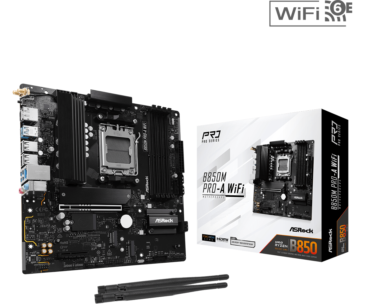 Материнская плата ASRock B850M PRO-A WIFI AM5 4xDDR5 4xSATA 3xM.2 15xUSB 1xHDMI 1xDP WiFi6E mATX