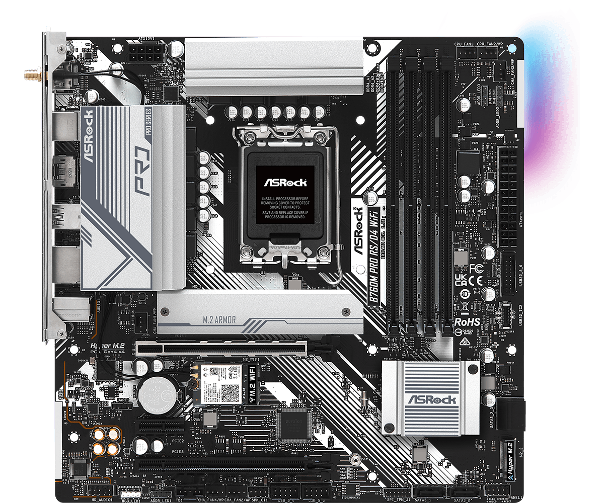 Материнская плата ASRock B760M PRO RS/D4 WIFI LGA1700 4xDDR4 4xSATA RAID 2xM.2 HDMI DP mATX