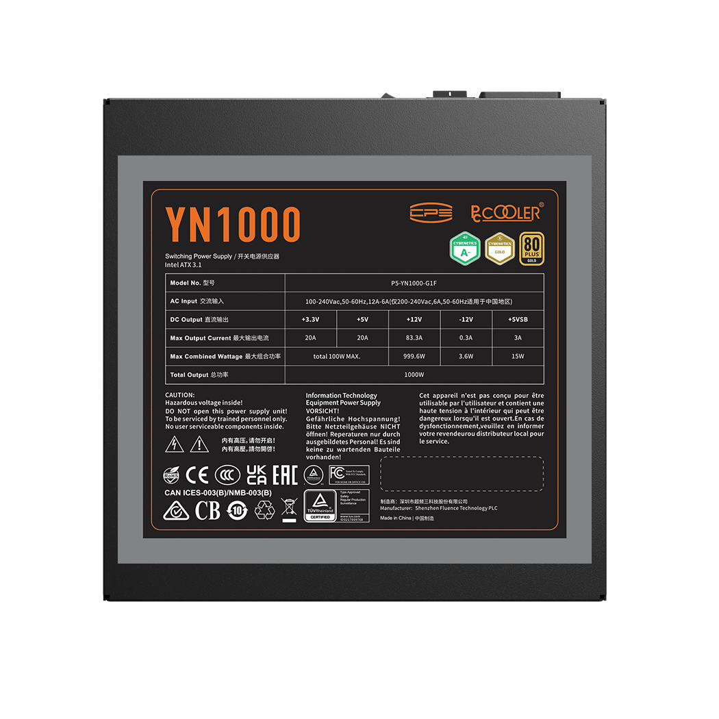 Блок питания PCCooler 1000W, YN1000, Full Modular, 80+ GOLD, 90.5%, Fan 135mm, Черный, P5-YN1000-G1F