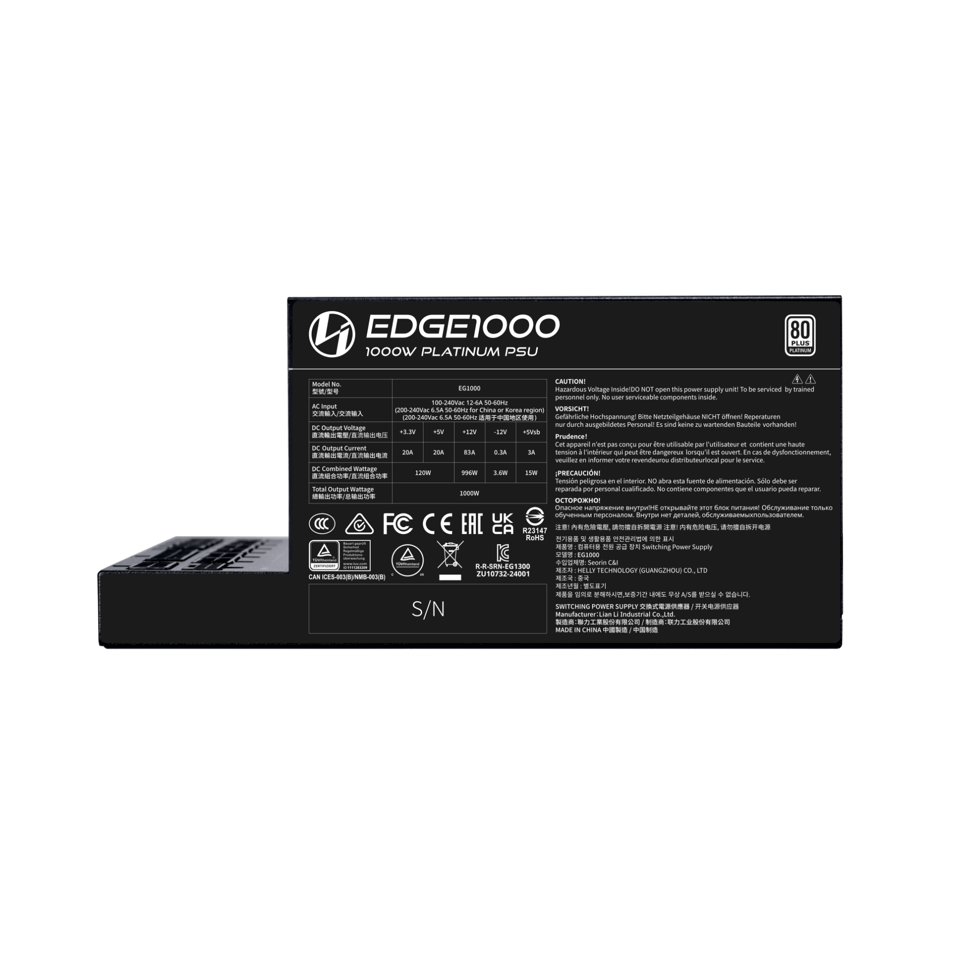 Блок питания Lian Li 1000W, EG1000, Full Modular, 80+ PLATINUM, КПД 92%, Черный, G9P.EG1000.BE00.EU