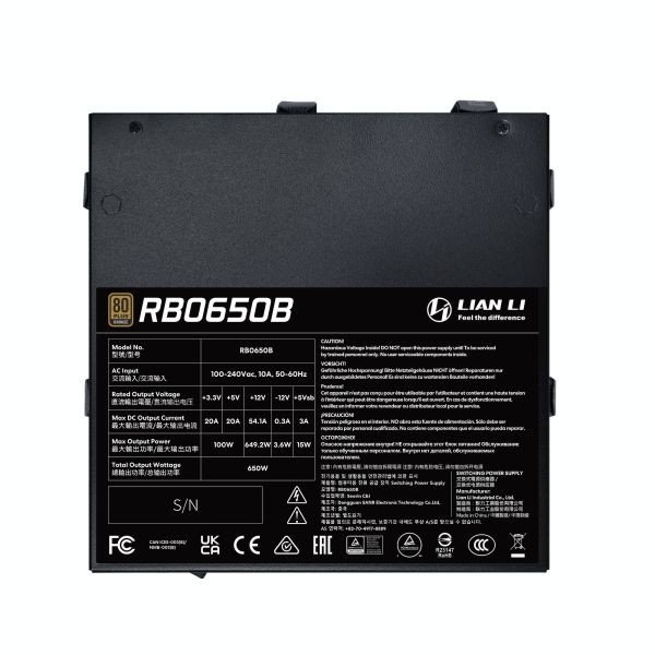 Блок питания Lian Li  650W, RB650B, Non Modular, 80+ BRONZE, КПД 85%, Черный, G9P.RB0650B.B000.EU