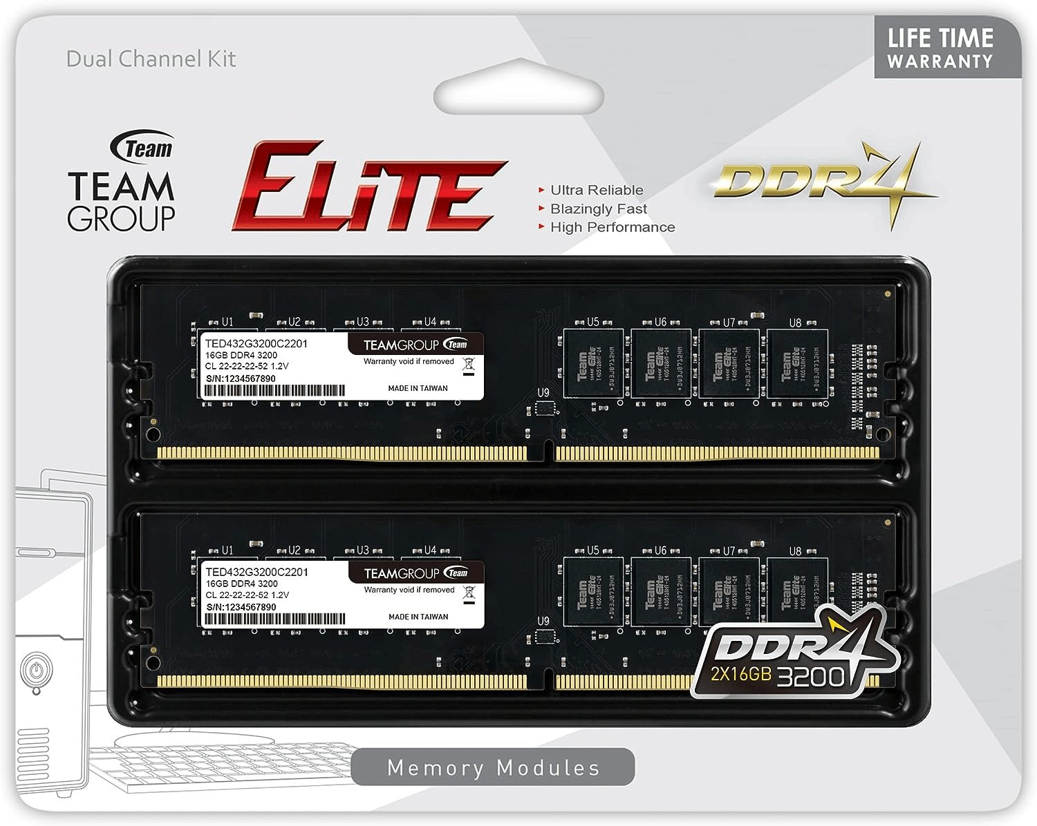 Оперативная память 32Gb Kit (2x16Gb) 3200MHz DDR4 Team Group ELITE CL22 TED432G3200C22DC01