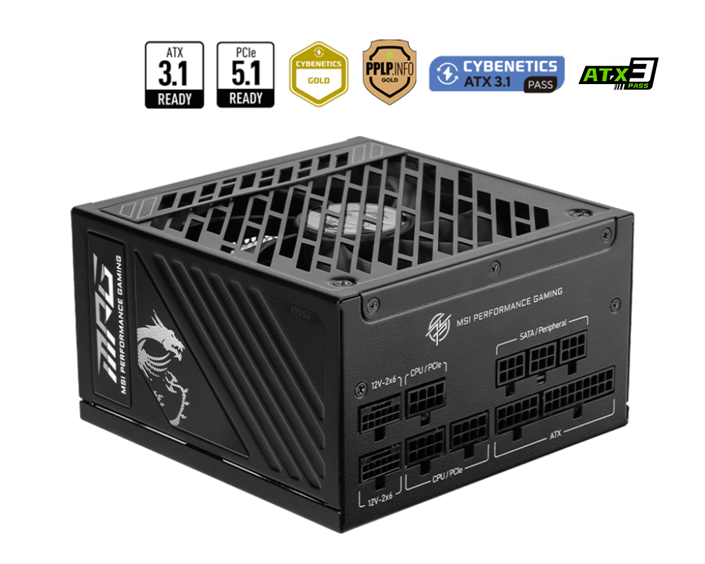 Блок питания MSI 1250W, MPG A1250GS PCIE5, Full Modular, ATX, 80+ GOLD, КПД >90%, Fan 135mm, Черный