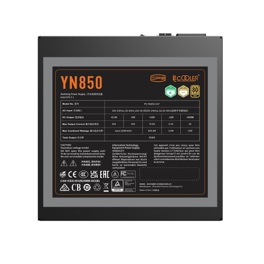 Блок питания PCCooler  850W, YN850, Full Modular, 80+ GOLD, ≥90.5%, Fan 135mm, Черный, P5-YN850-G1F