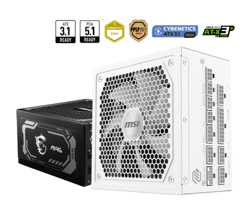 Блок питания MSI 1000W, MAG A1000GL PCIE5 WHITE, Full Modular, ATX, 80+ GOLD, 90%, Fan 135mm, Белый