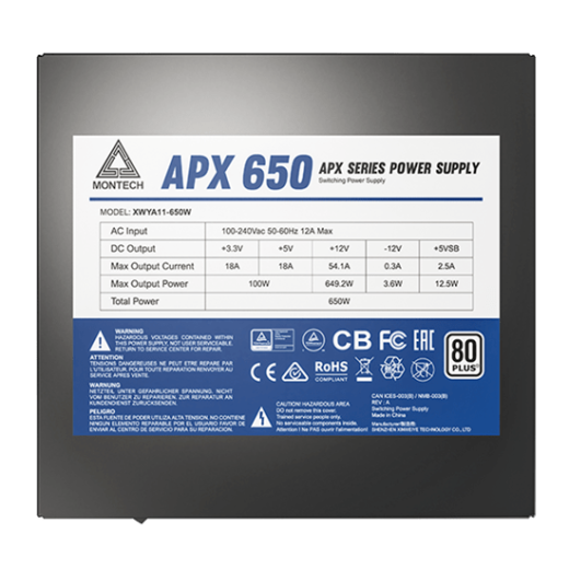 Блок питания Montech  650W, APX 650W, Non Modular, ATX, 80+ WHITE, КПД 90%, Fan 120mm, Черный