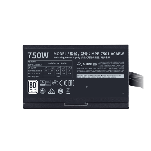 Блок питания CoolerMaster  750W, MWE 750 WHITE V2, Non Modular, КПД 80%, Черный, MPE-7501-ACABW-EU