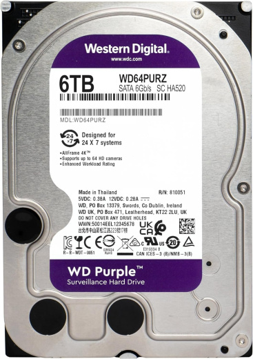 Жесткий диск для видеонаблюдения HDD  6Tb Western Digital Purple SATA 6Gb/s 256Mb 3,5" WD64PURZ