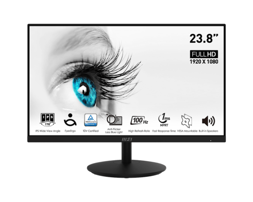 Монитор 23.8" MSI PRO MP242A IPS 1920x1080 100Hz 1ms 1000:1 1xD-Sub 1xHDMI 1xDP 2x2W Черный