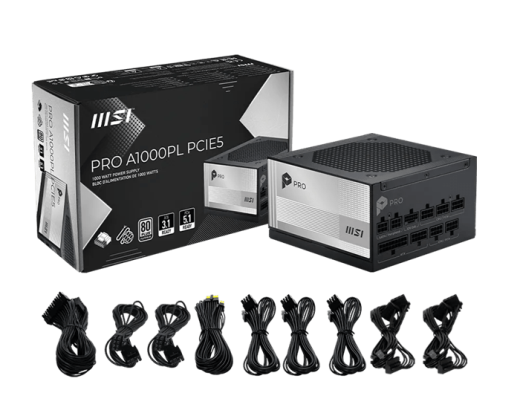 Блок питания MSI 1000W, PRO A1000PL PCIE5, Full Modular, ATX, 80+ PLATINUM, >92%, Fan 120mm, Черный